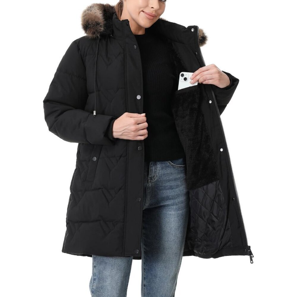 "Women's Black Waterproof Winter Coat, Long Insulated Parka with Detachable Hood - Picture 7 of 7